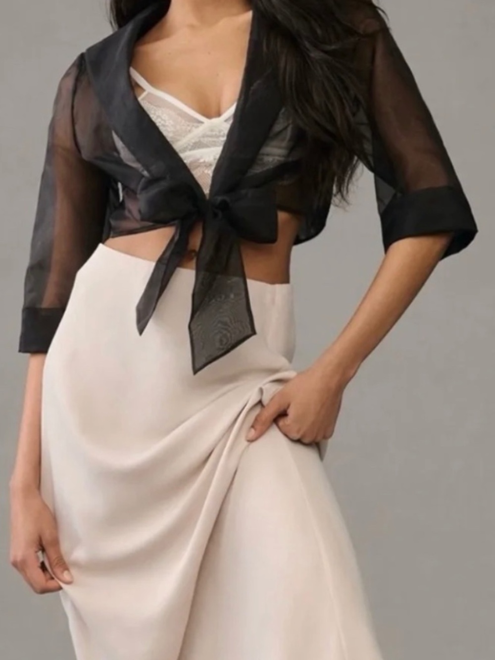 Maeve for Anthropologie Black Sheer Organza Tie-Front Shrug Crop Blazer OS